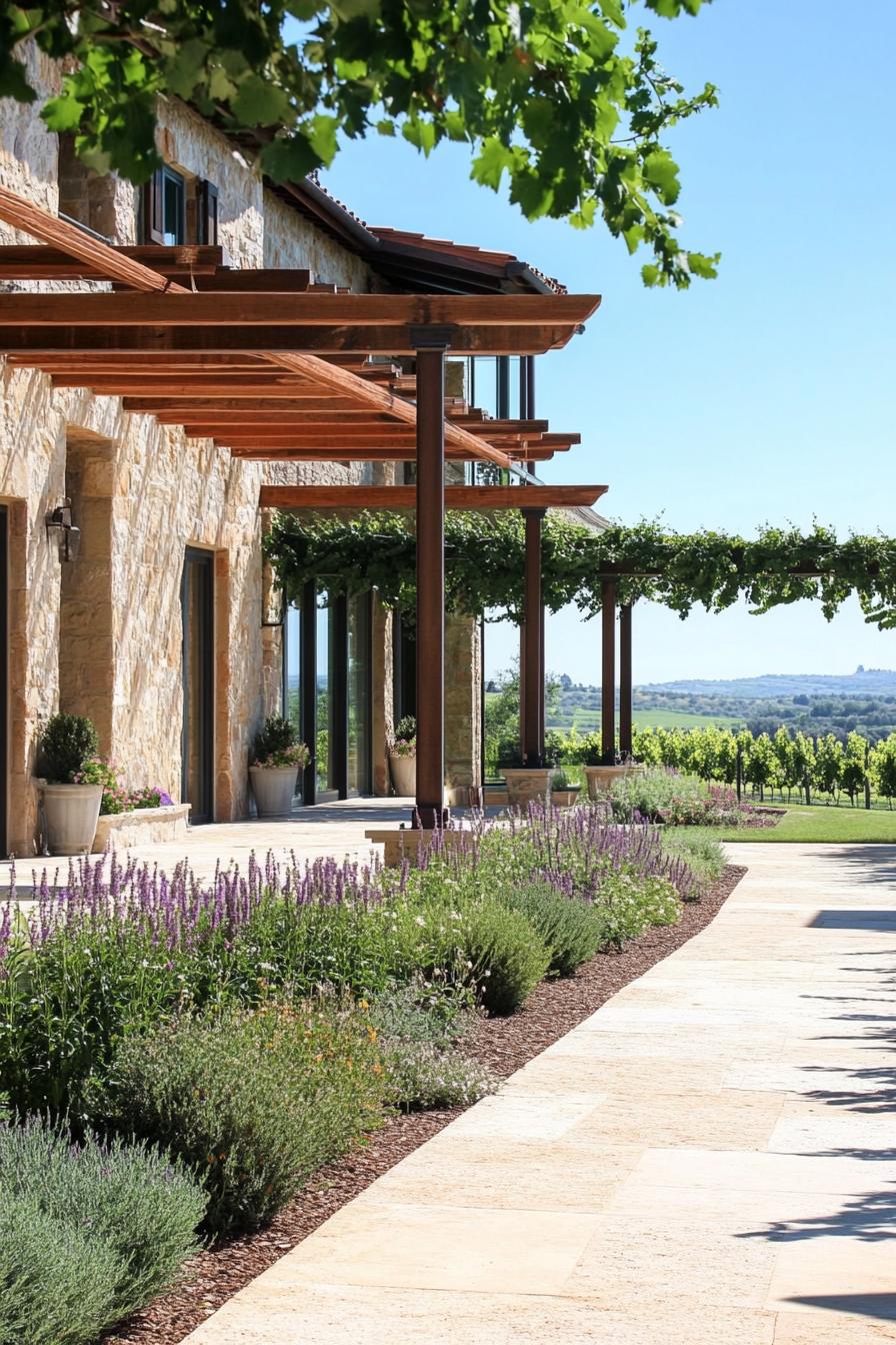 modern Tuscan vineyard estate with pergola