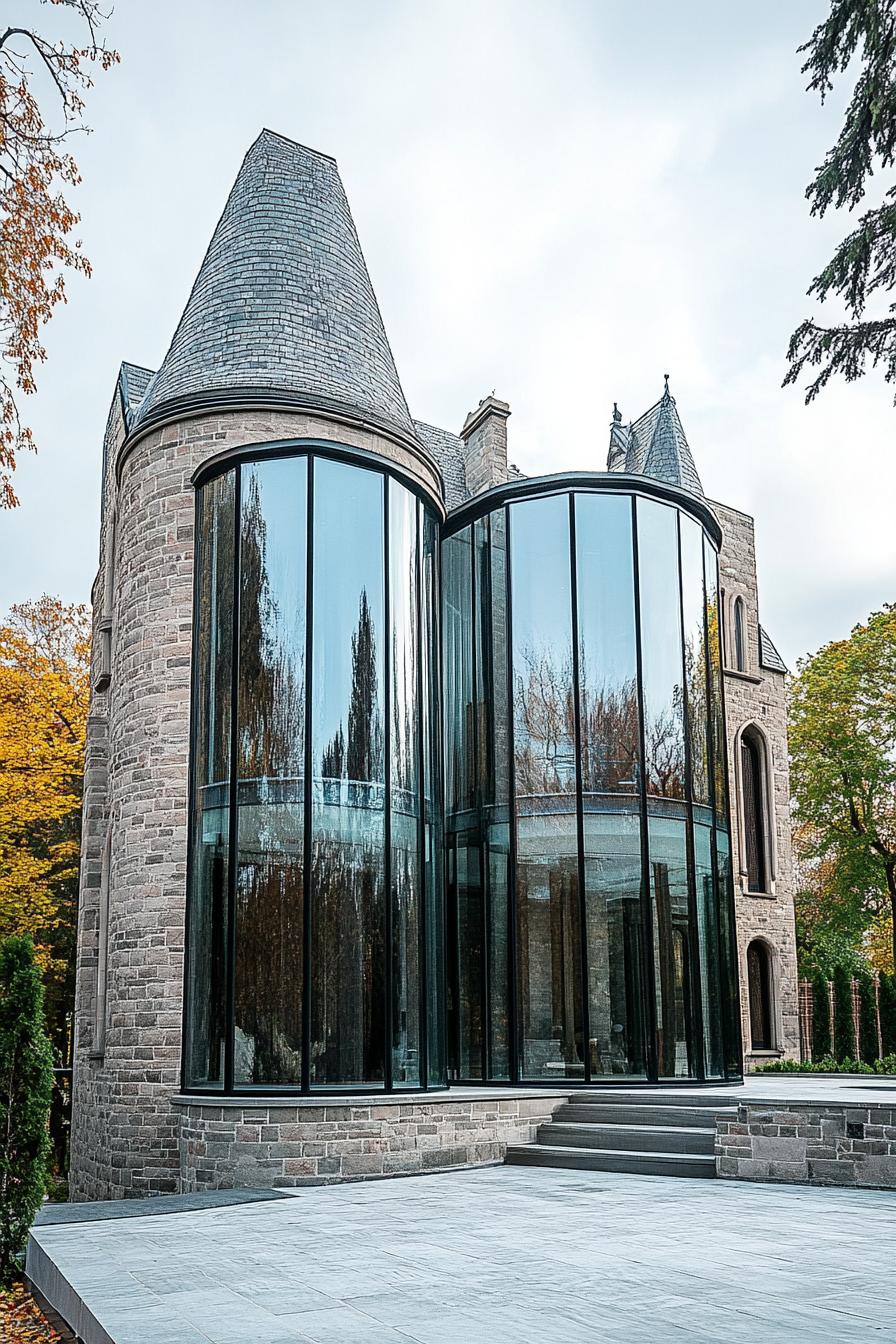 modern architecture urban style castle with large glass windows and towers 1