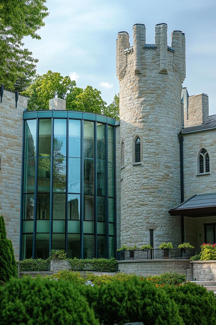 modern architecture urban style castle with large glass windows and towers 2