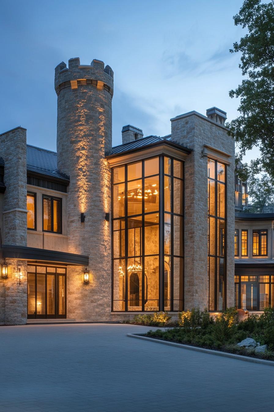 modern architecture urban style castle with large glass windows and towers 3