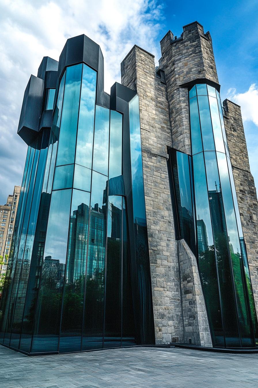 modern architecture urban style castle with large glass windows and towers