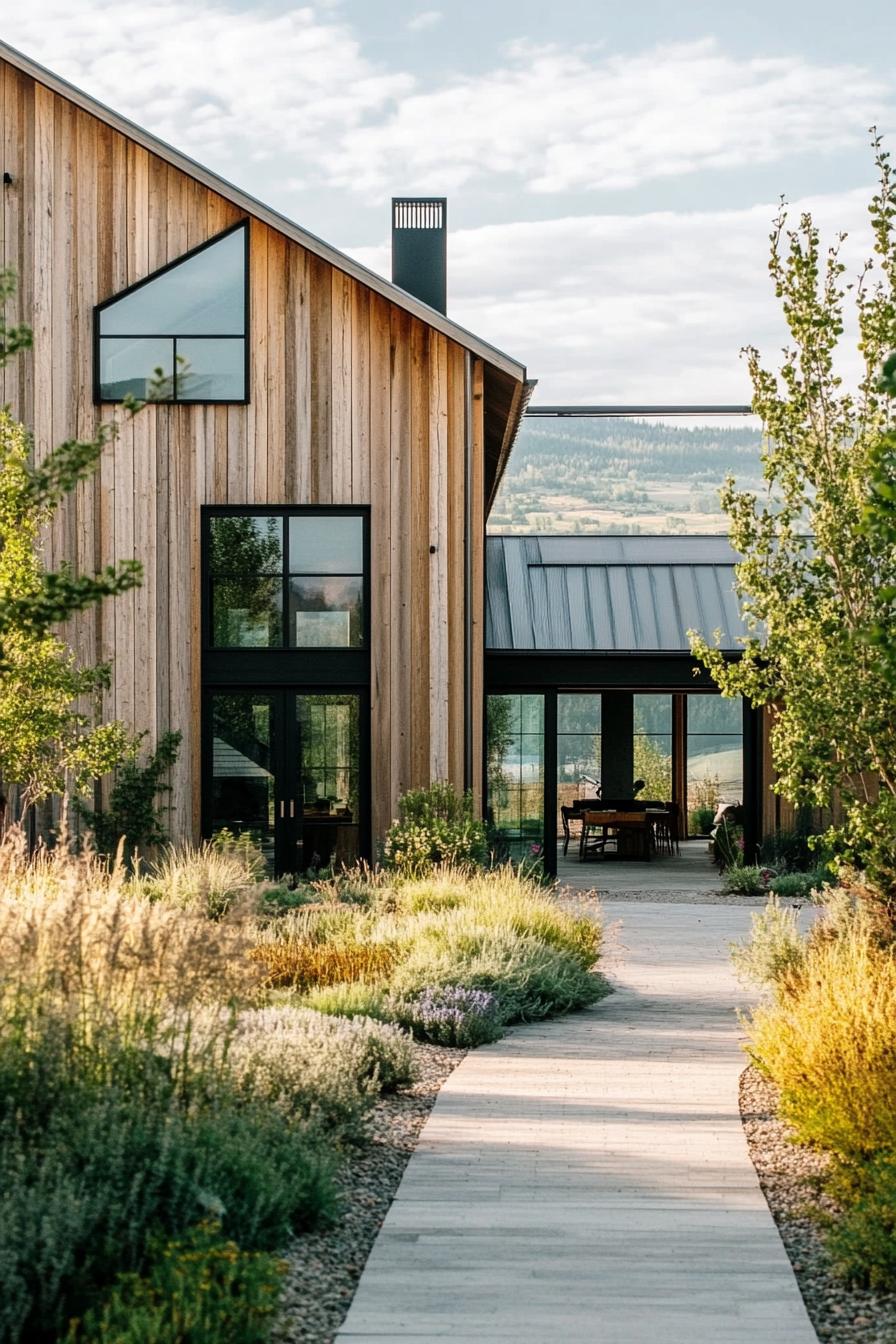 modern barn house style facade with exposed metal ductwork stunning Scandinavian terrain views 1