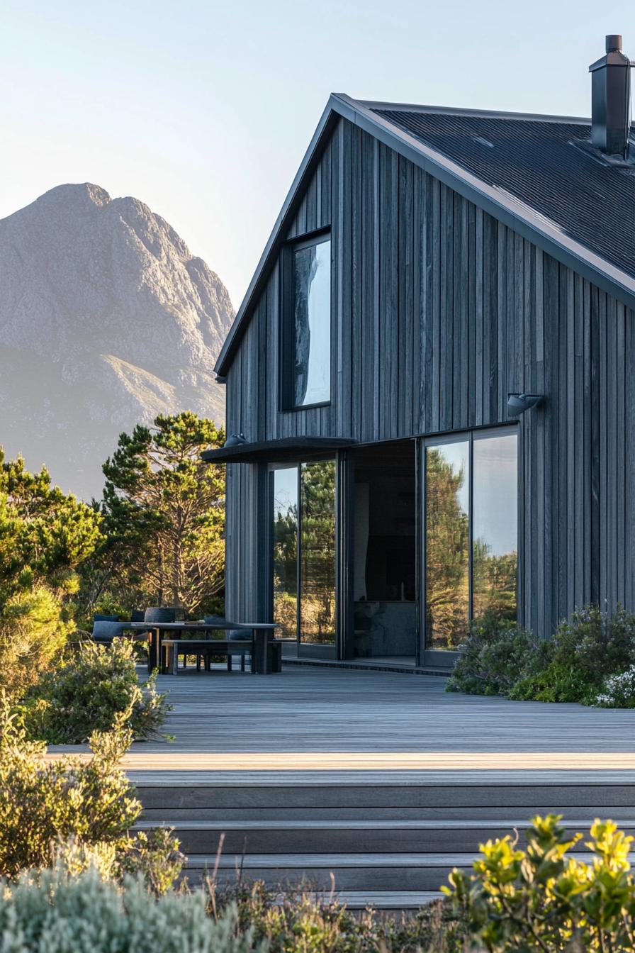 modern barndominium house burnt wood facade with dark grey metal trusses stunning Scandinavian island mountain views 1