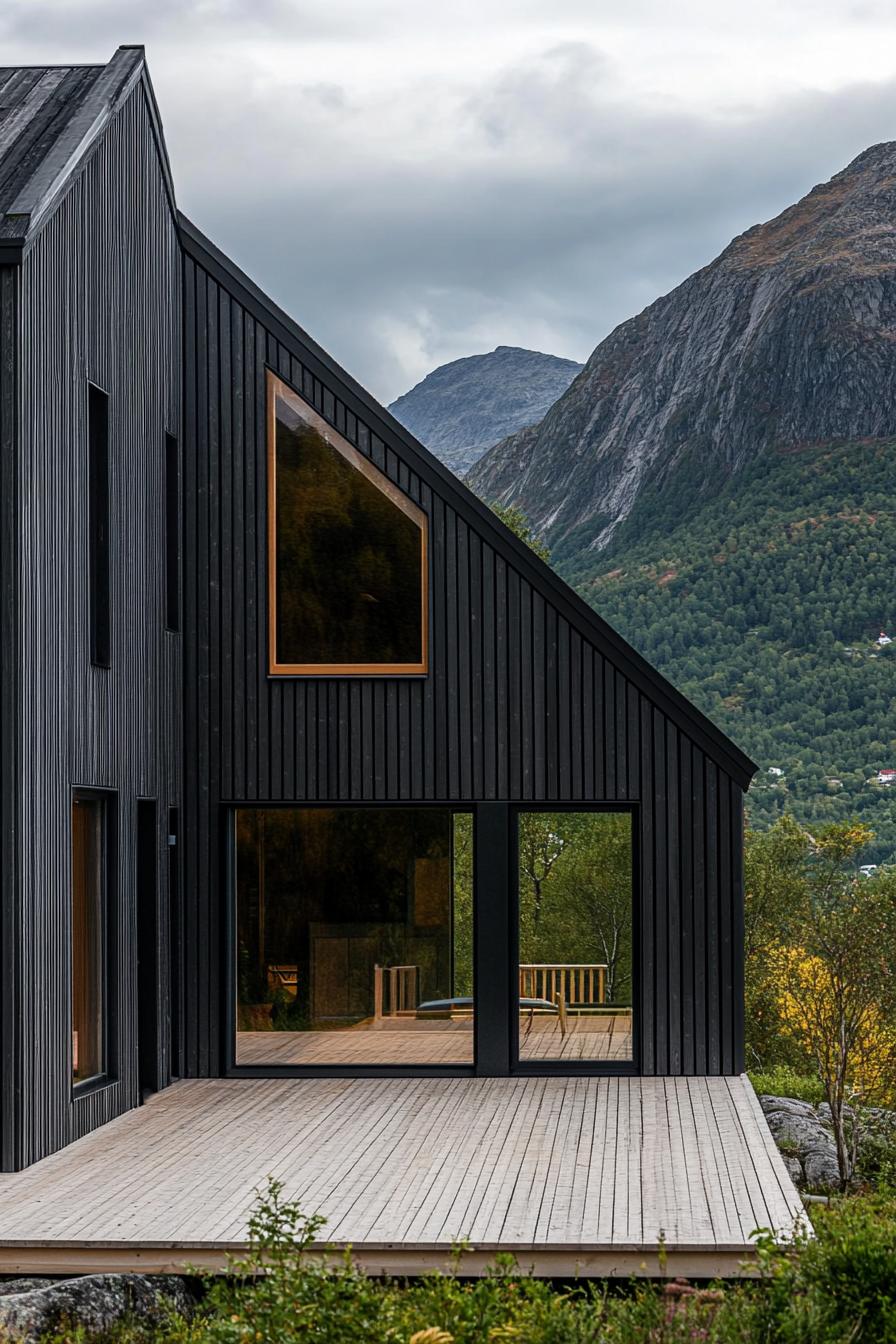 modern barndominium house burnt wood facade with dark grey metal trusses stunning Scandinavian island mountain views 2