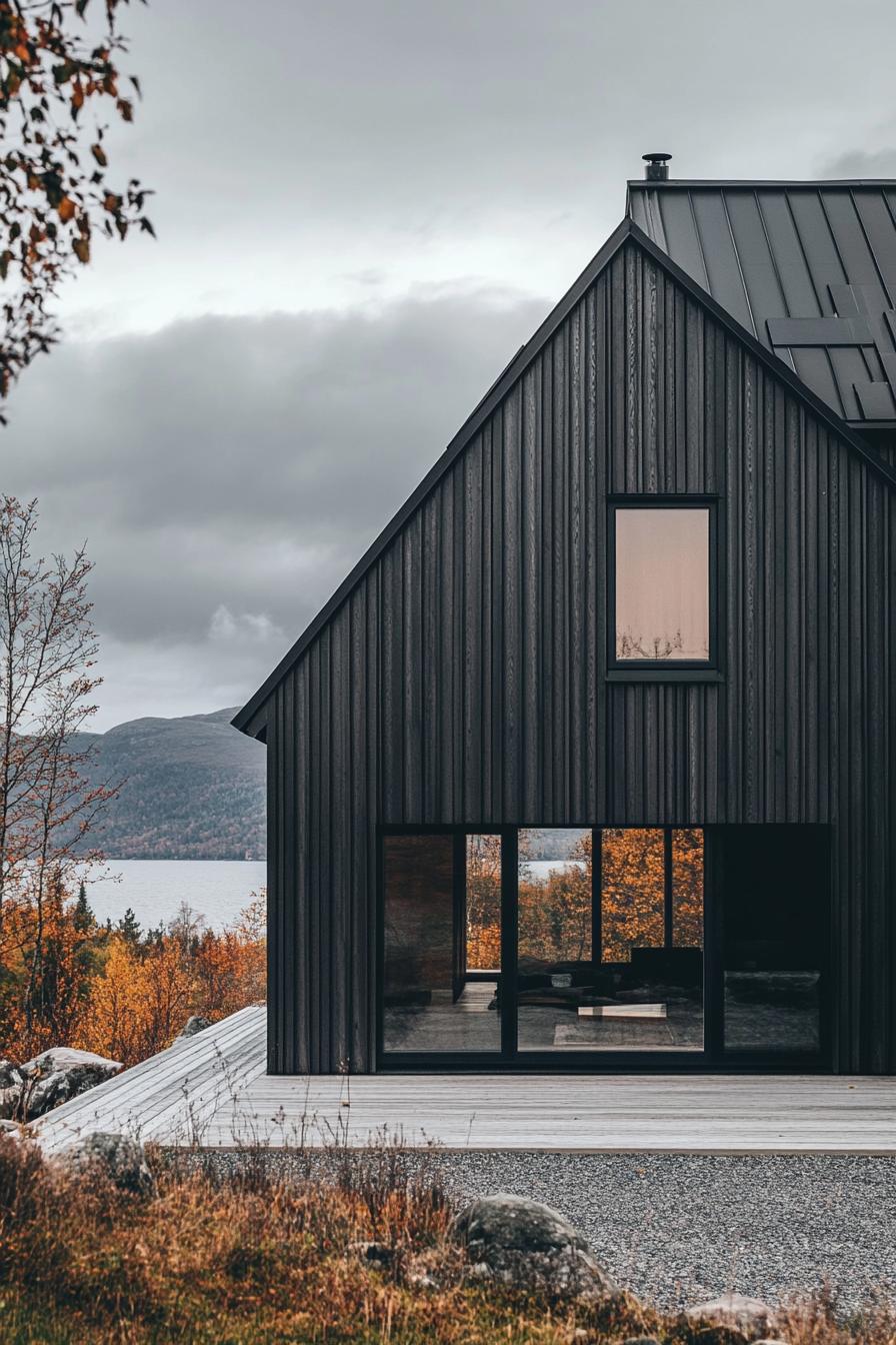 modern barndominium house burnt wood facade with dark grey metal trusses stunning Scandinavian island mountain views 3