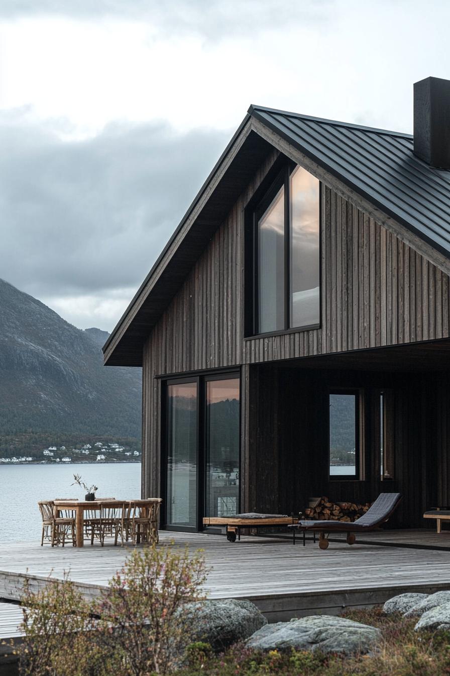 modern barndominium house burnt wood facade with dark grey metal trusses stunning Scandinavian island mountain views