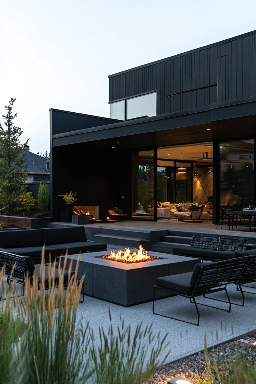 modern black house courtyard with black furniture and fire pit 1