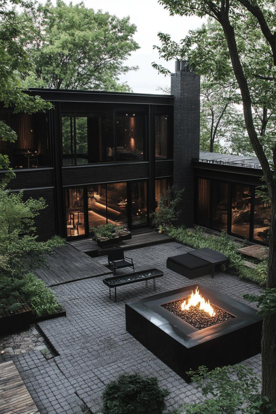 modern black house courtyard with black furniture and fire pit 2