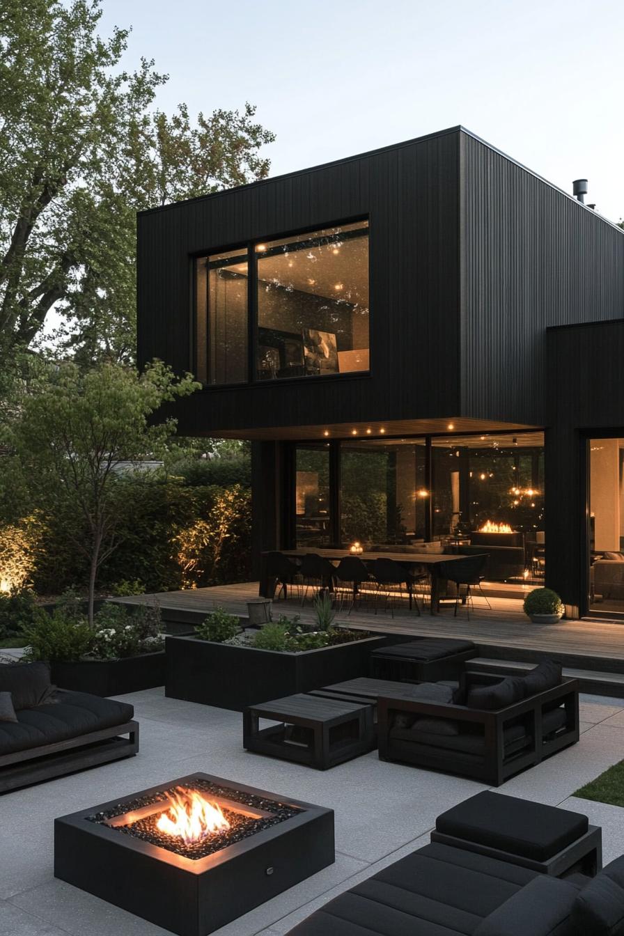 modern black house courtyard with black furniture and fire pit 3