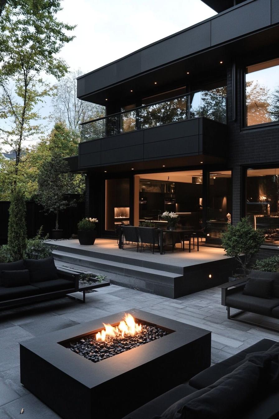 modern black house courtyard with black furniture and fire pit