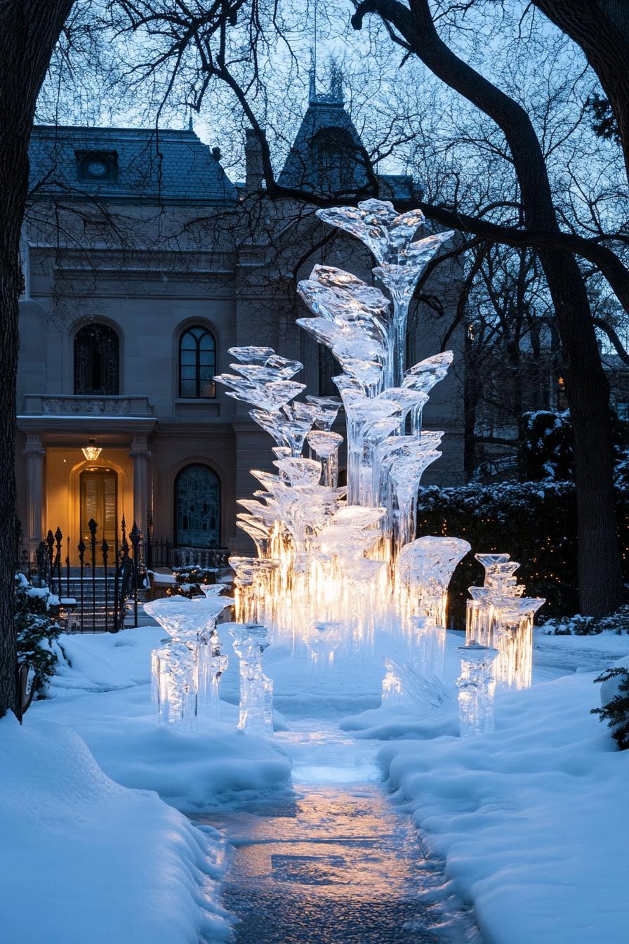 modern crystal winter mansion courtyard ice sculpture 1