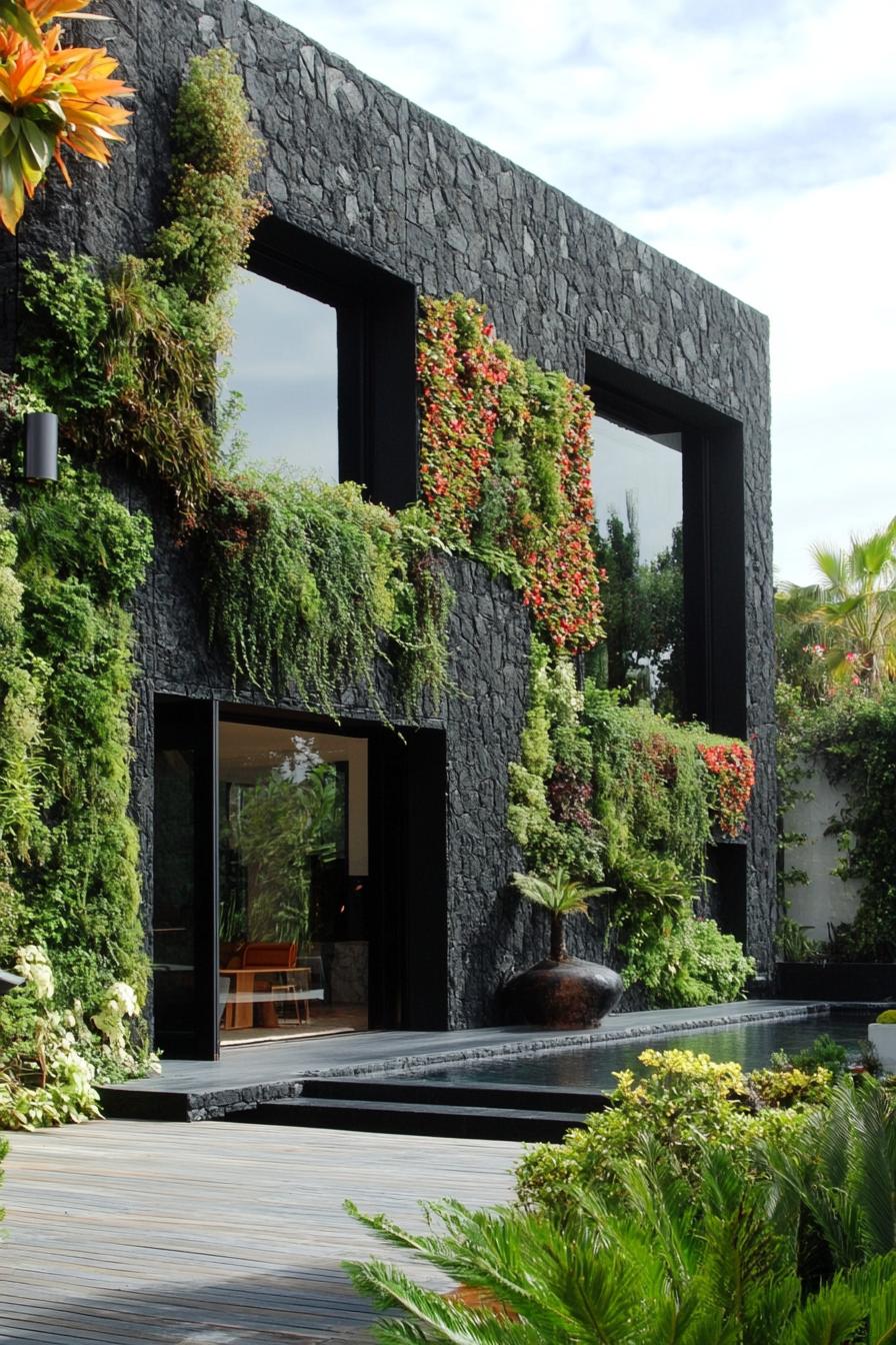 modern dark stone house facade with lush green vertical gardens 1