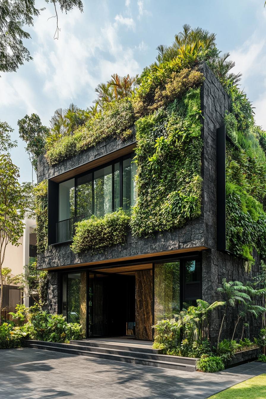 modern dark stone house facade with lush green vertical gardens 2