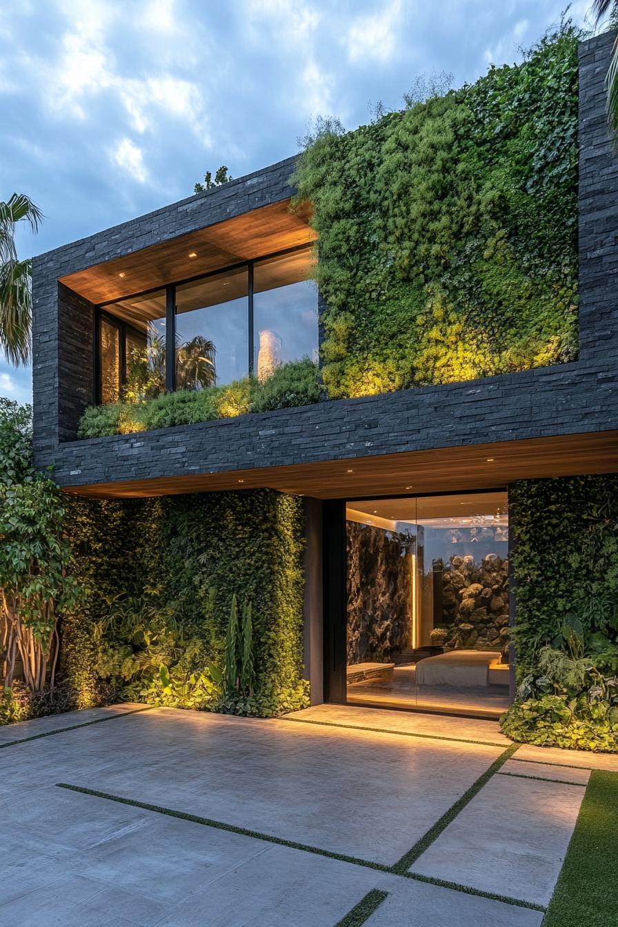 modern dark stone house facade with lush green vertical gardens 3