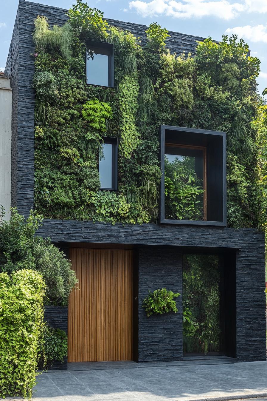 modern dark stone house facade with lush green vertical gardens