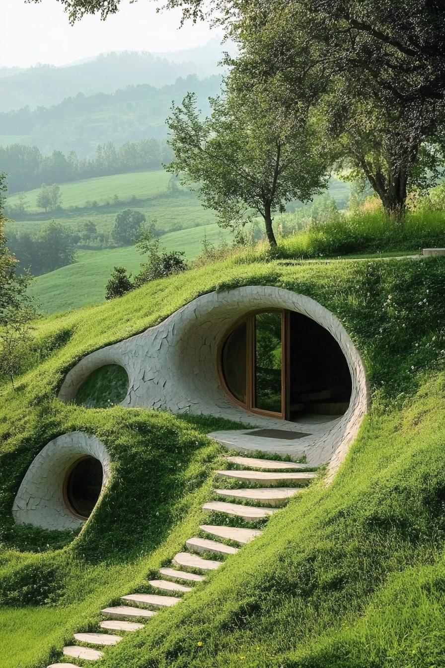 modern earth sheltered hobbit style molded house in a green valley hill 1