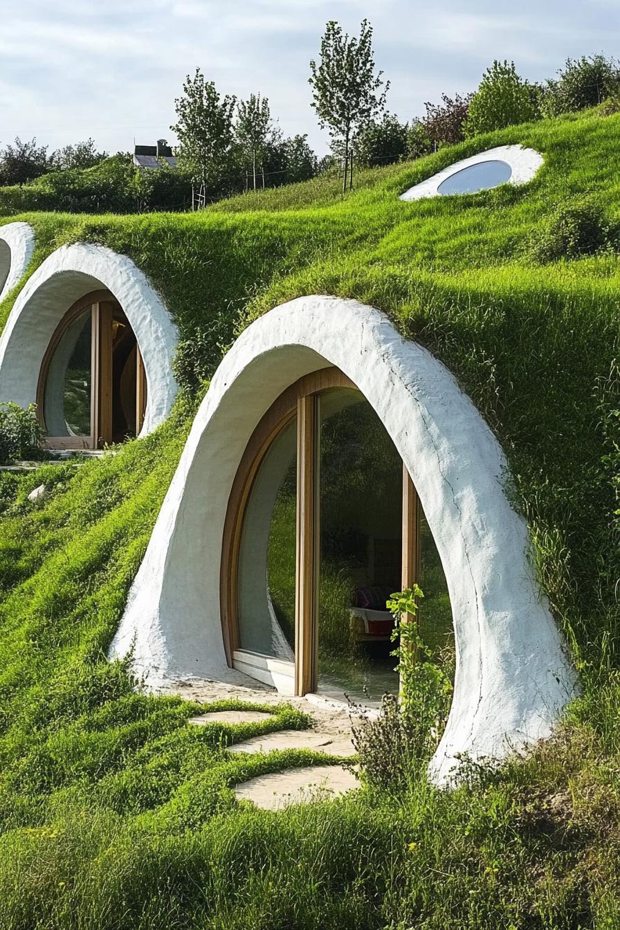 modern earth sheltered hobbit style molded house in a green valley hill 2