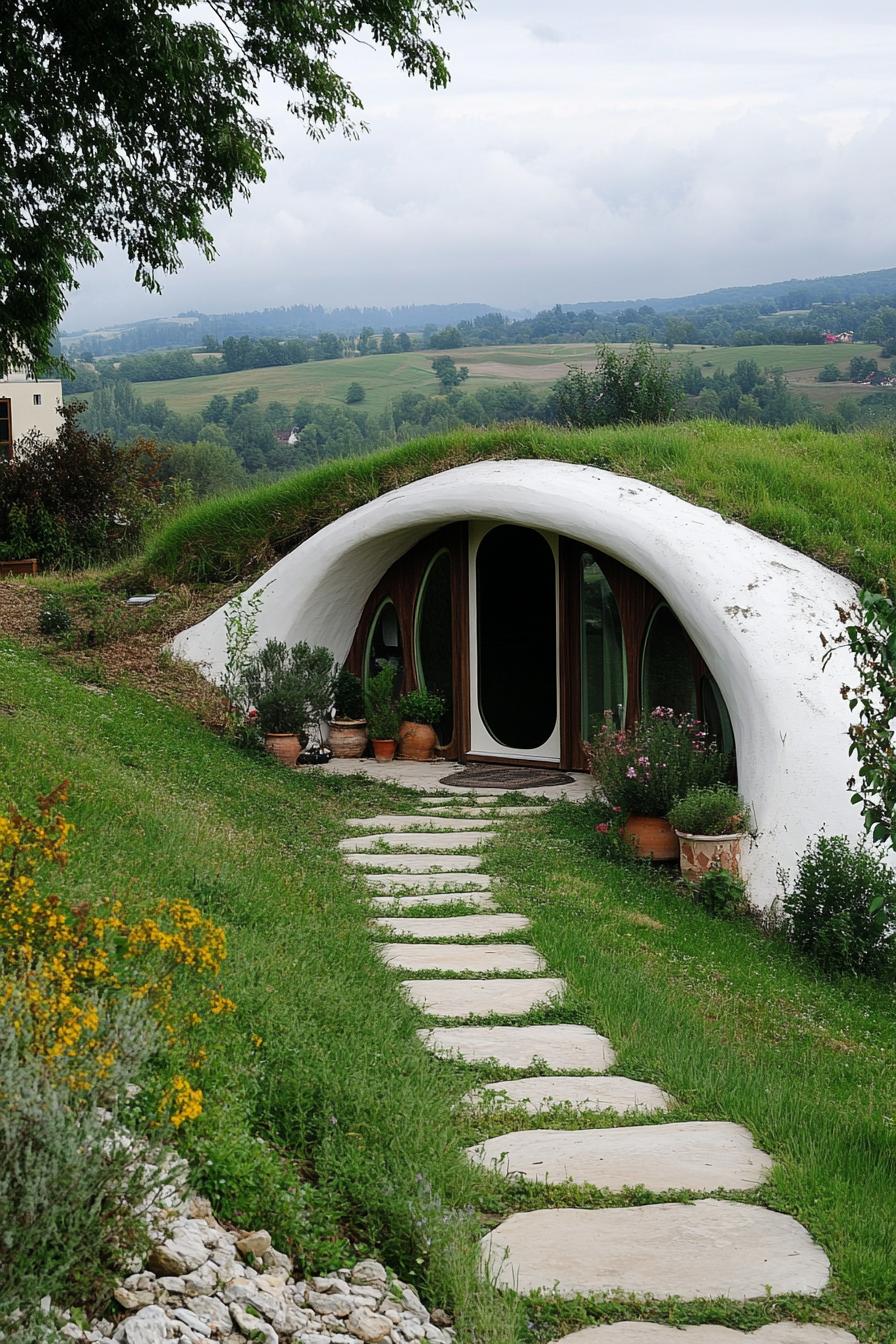 modern earth sheltered hobbit style molded house in a green valley hill 3