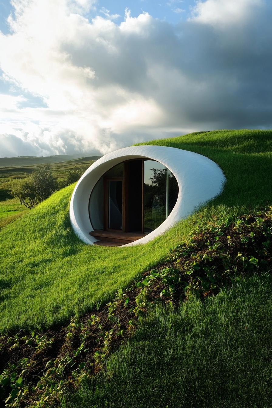 modern earth sheltered hobbit style molded house in a green valley hill