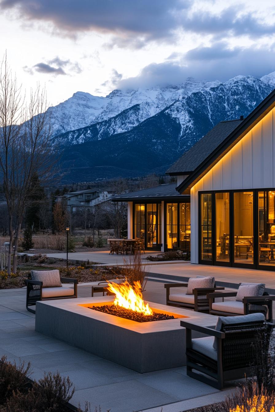 modern farmhouse L shaped courtyard with firepit lounge mountain views in winter 1