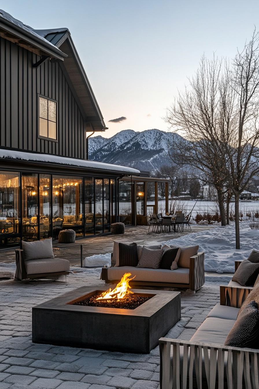 modern farmhouse L shaped courtyard with firepit lounge mountain views in winter 2