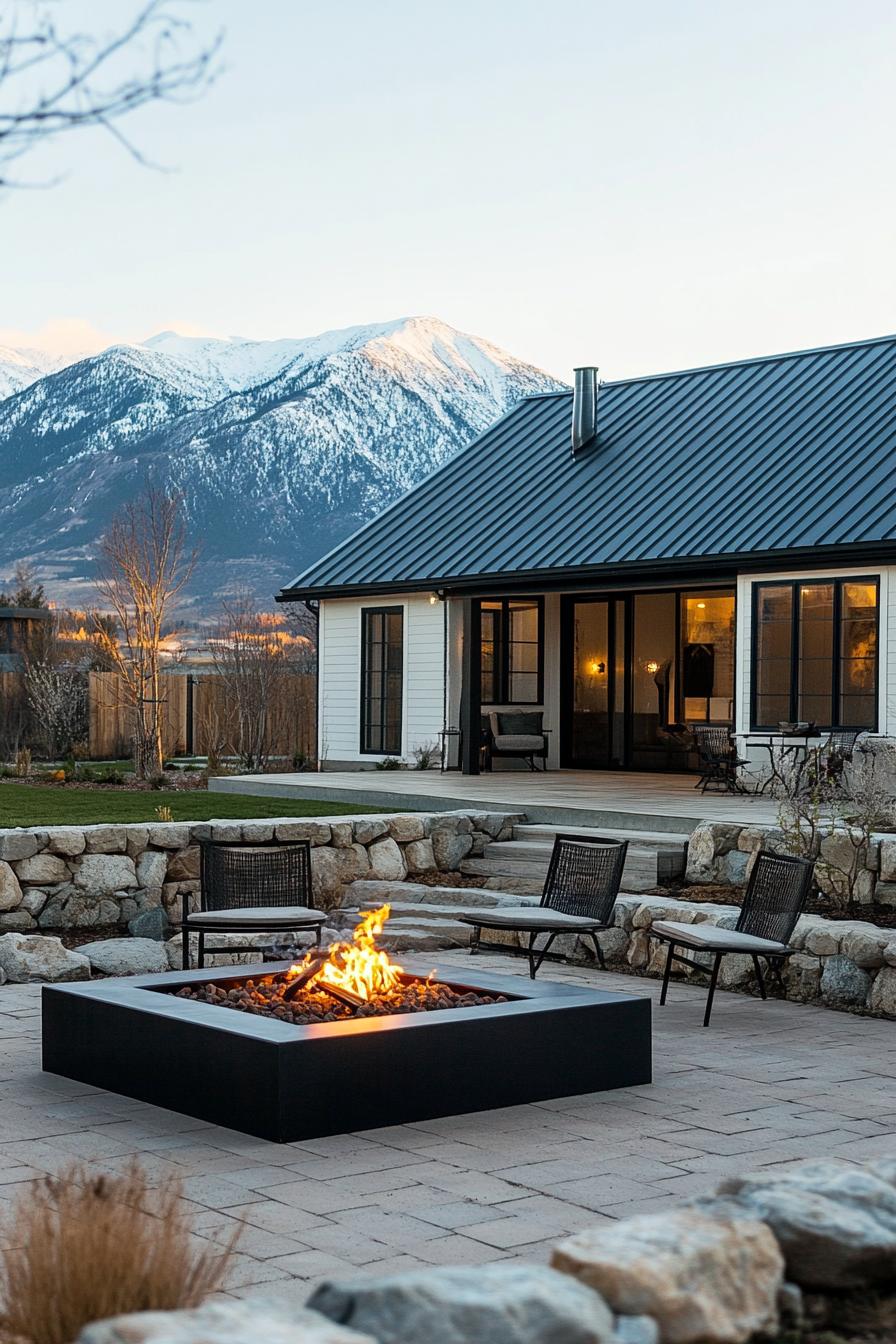 modern farmhouse L shaped courtyard with firepit lounge mountain views in winter 3