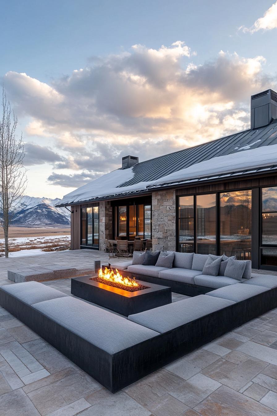 modern farmhouse L shaped courtyard with firepit lounge mountain views in winter