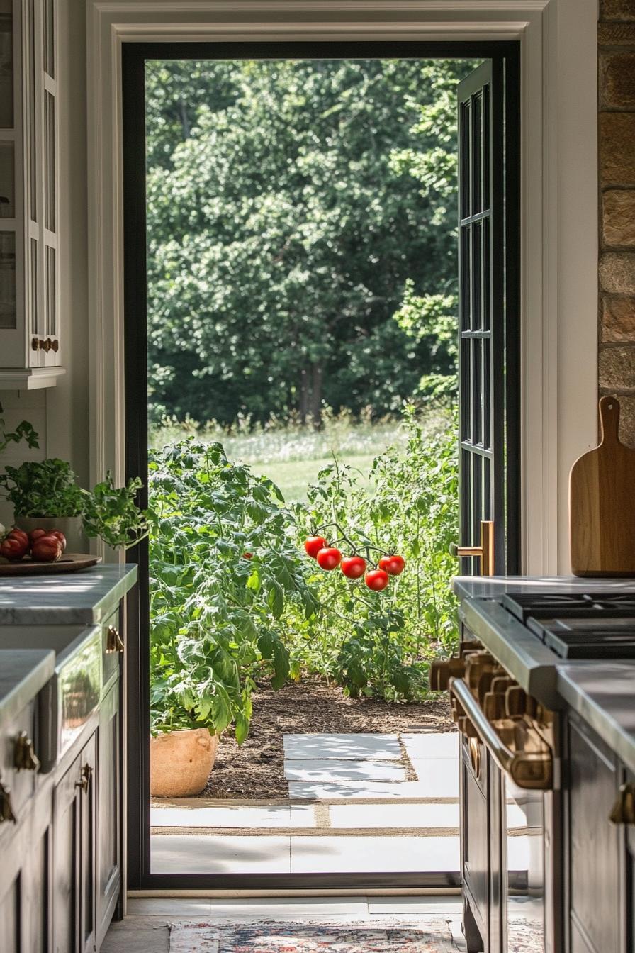 modern farmhouse kitchen door leading outside to a lush tomatoe garden 1