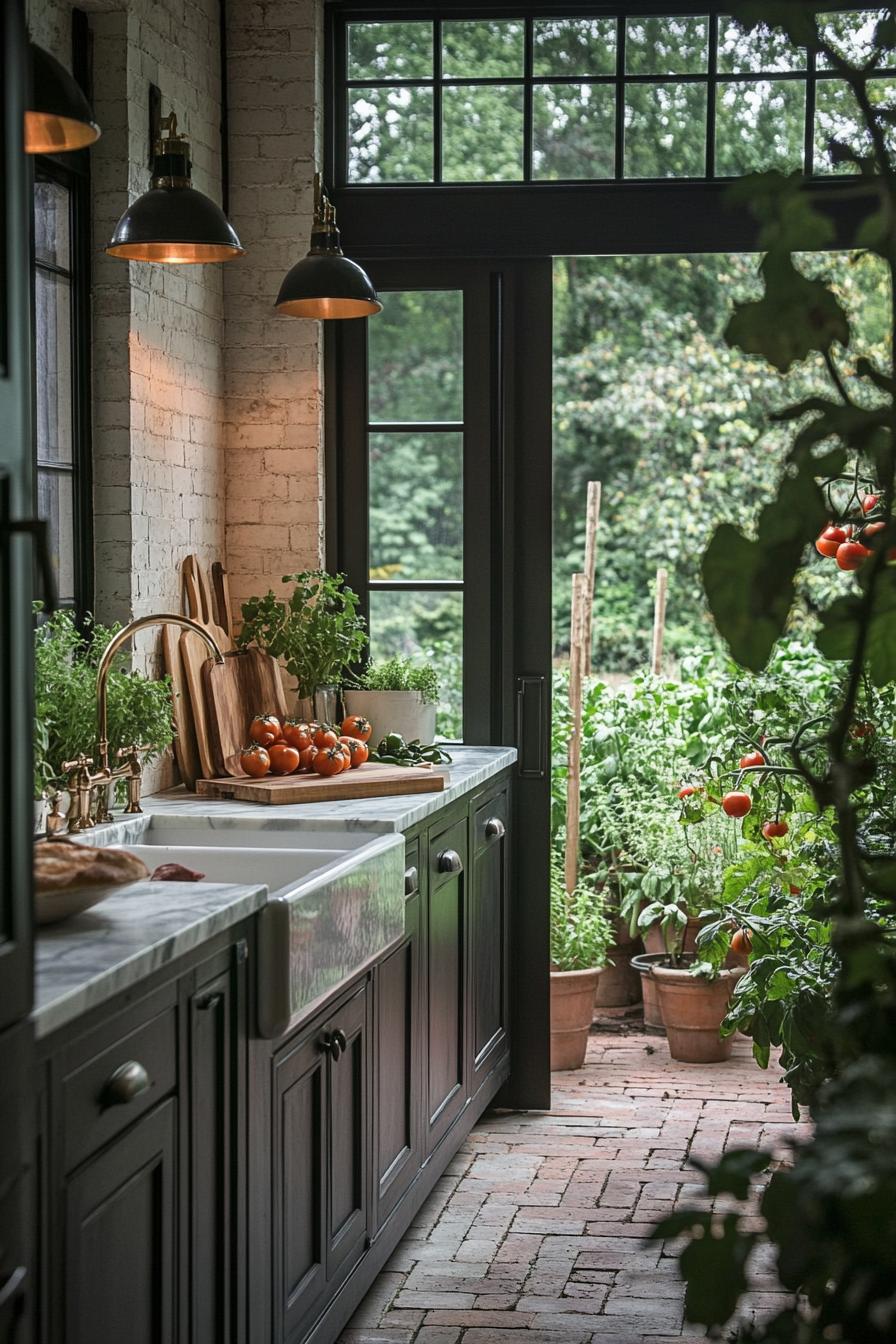 modern farmhouse kitchen door leading outside to a lush tomatoe garden