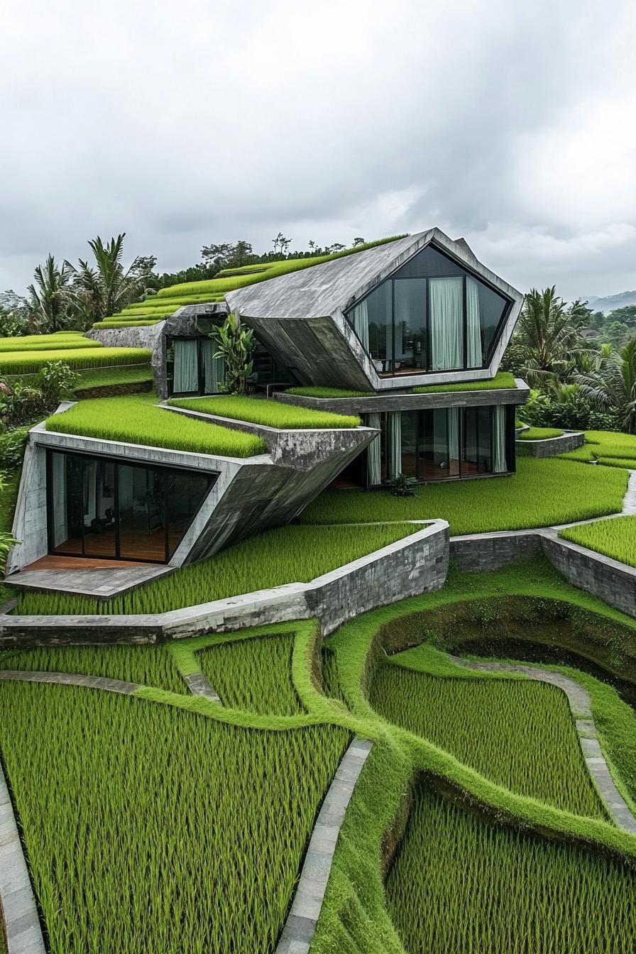 modern geometric villa house with multiple terraces in stunning Bali rice fields 1