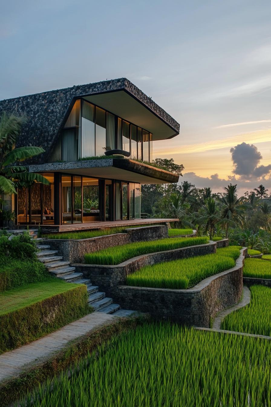 modern geometric villa house with multiple terraces in stunning Bali rice fields 2