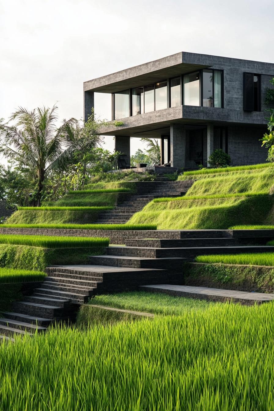 modern geometric villa house with multiple terraces in stunning Bali rice fields 3