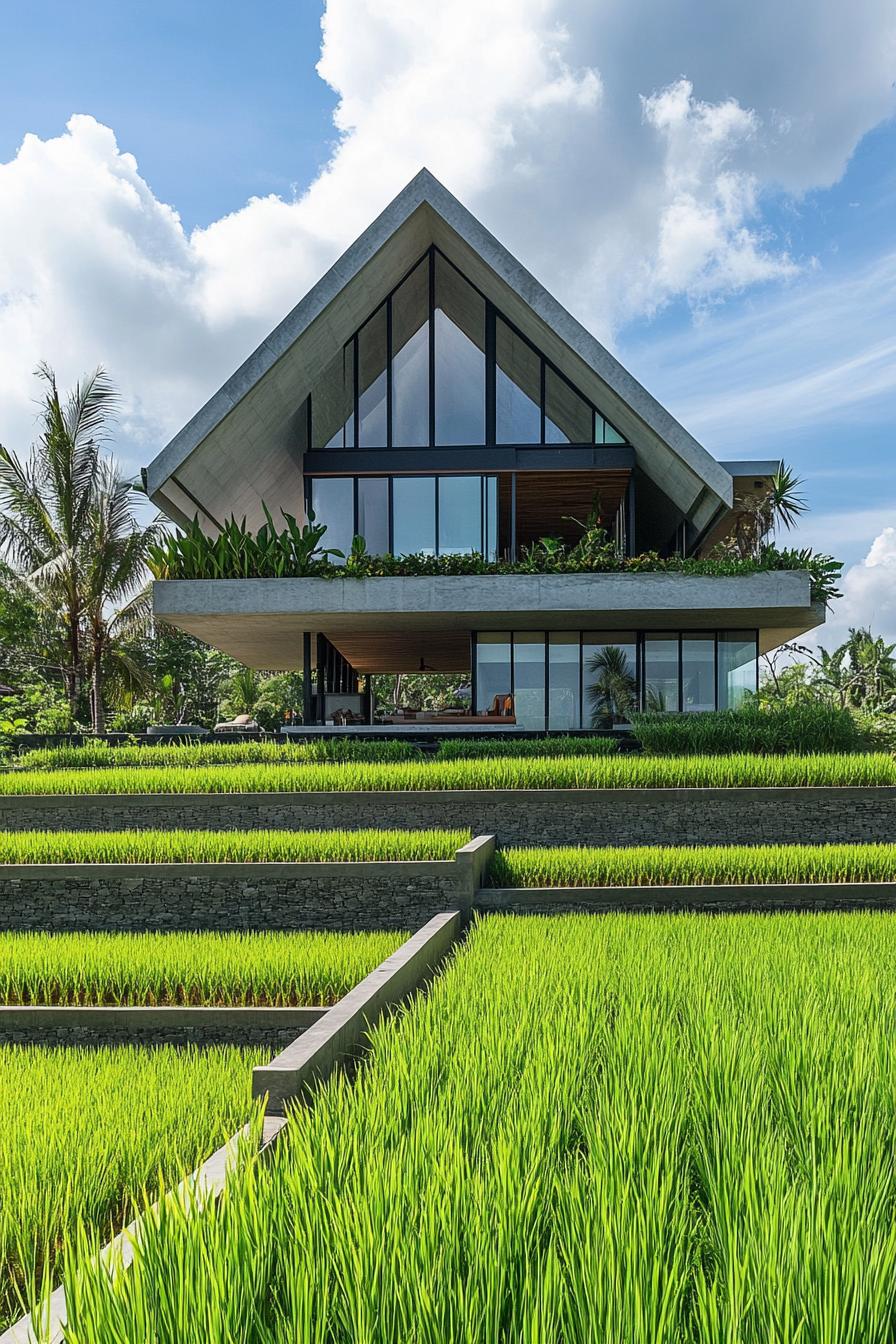 modern geometric villa house with multiple terraces in stunning Bali rice fields