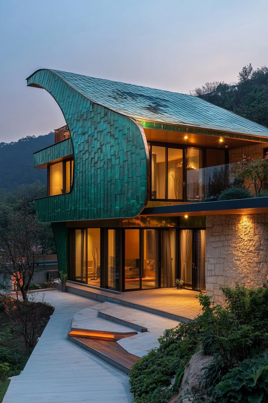 modern green metal cladded butterfly roof facade house