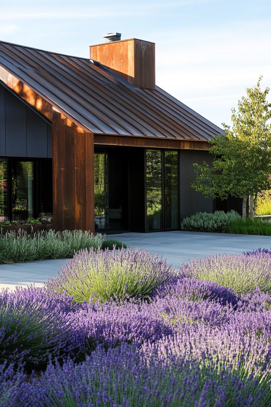 modern house facade with patinated zinc roof garden with lavenders in front yard 1