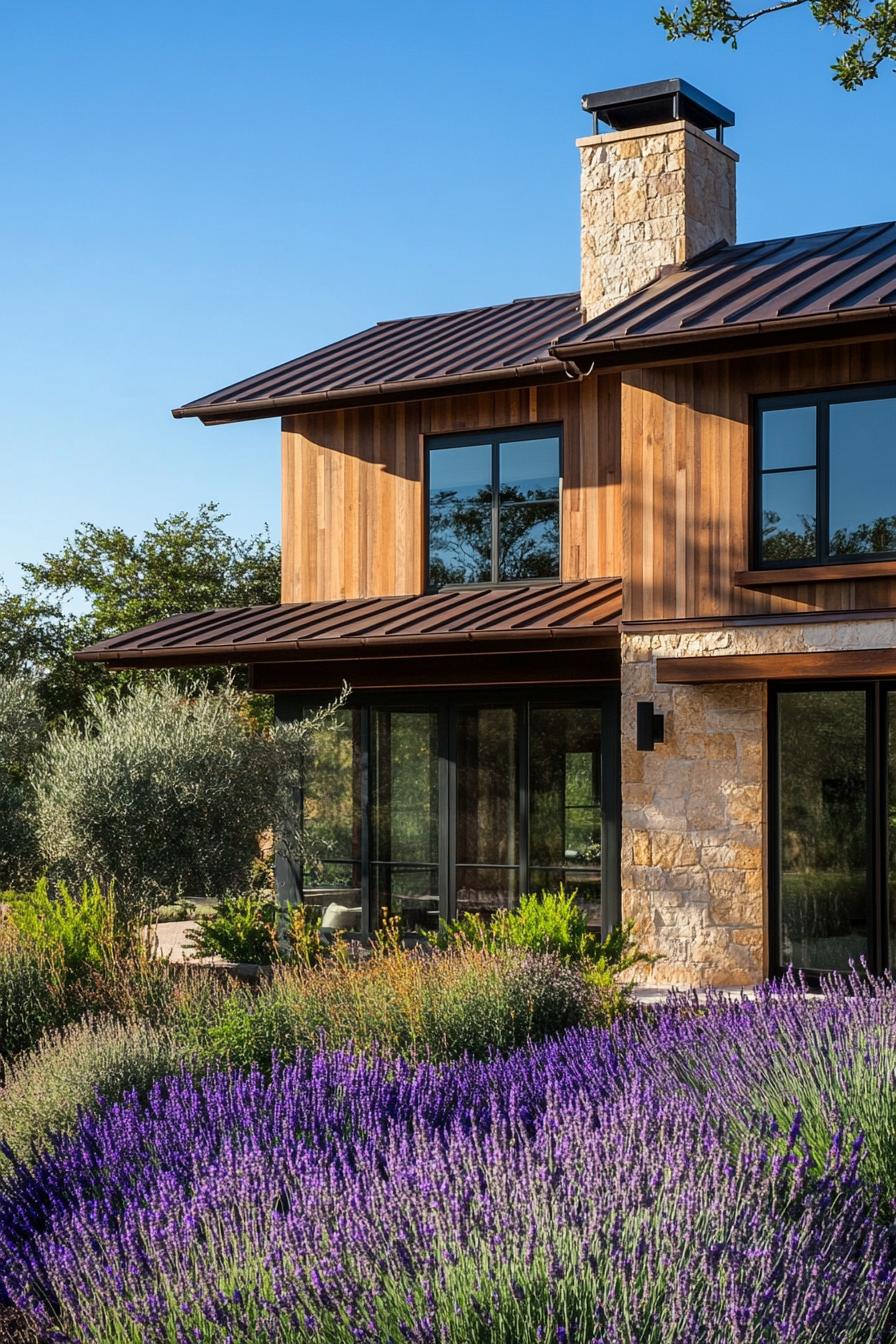 modern house facade with patinated zinc roof garden with lavenders in front yard 2