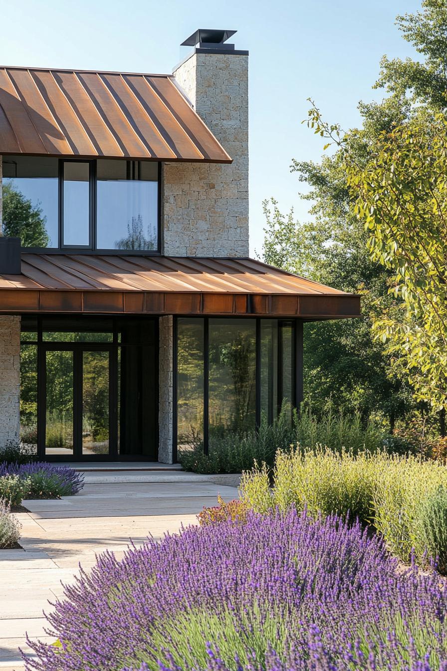 modern house facade with patinated zinc roof garden with lavenders in front yard 3