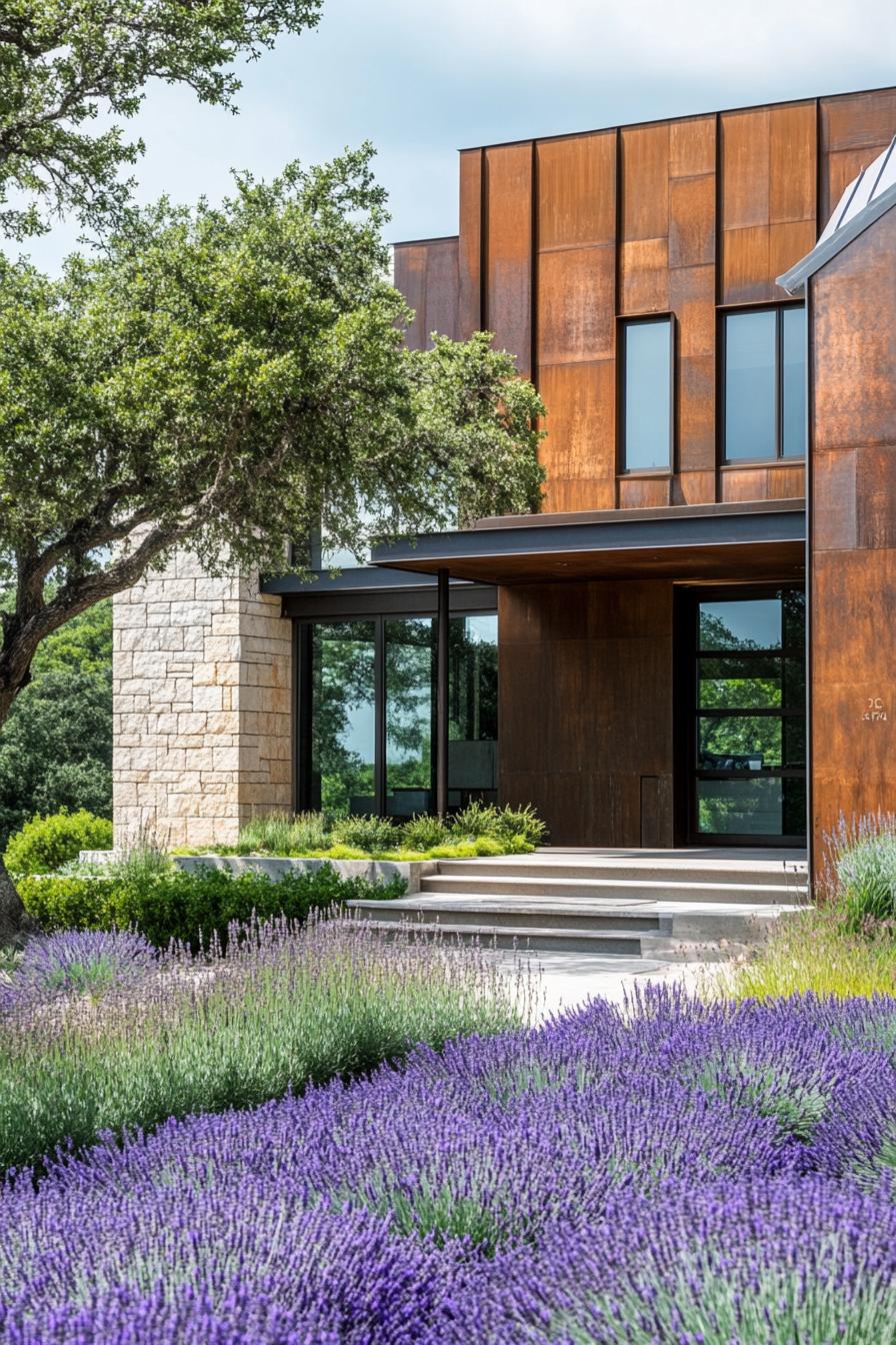 modern house facade with patinated zinc roof garden with lavenders in front yard