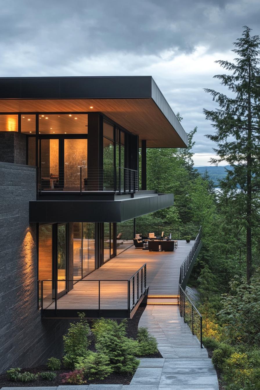 modern house on a slope with suspended walkways and lake mountain views 1