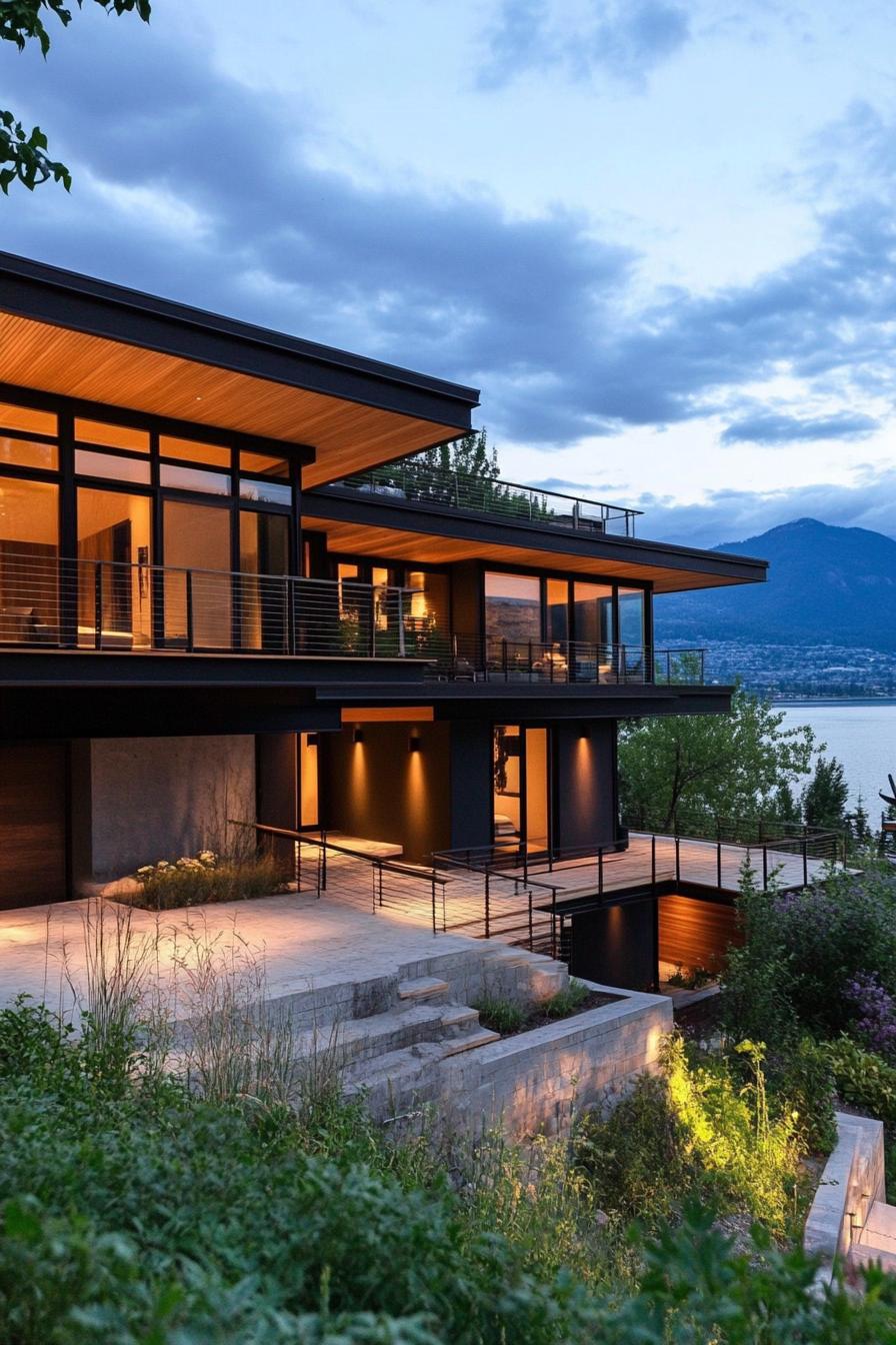 modern house on a slope with suspended walkways and lake mountain views 3