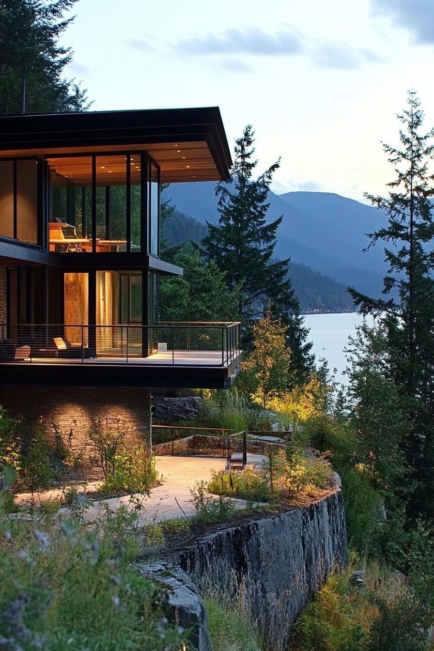 modern house on a slope with suspended walkways and lake mountain views