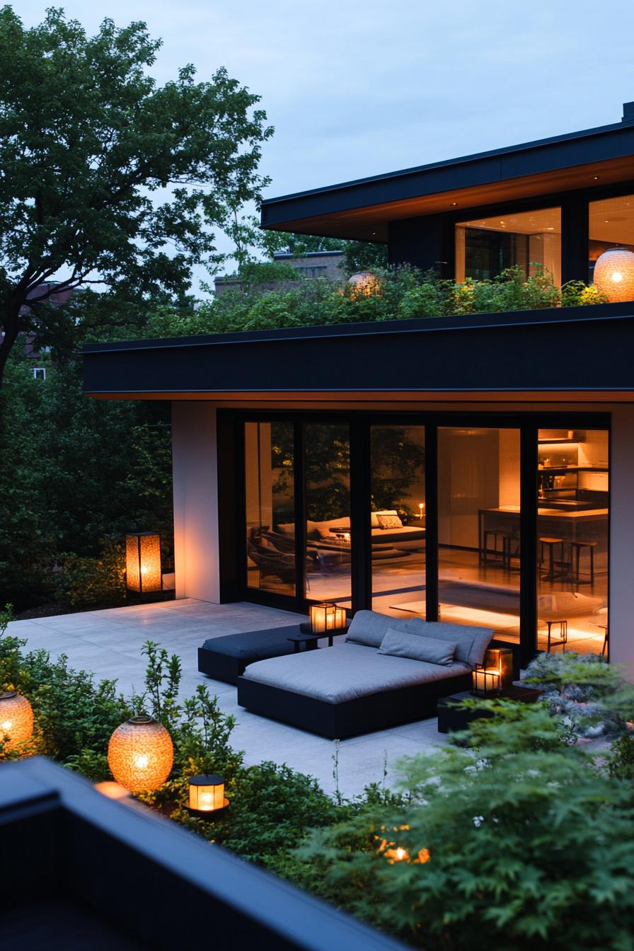 modern house with lush roof garden and Japanese lanterns and seating 1