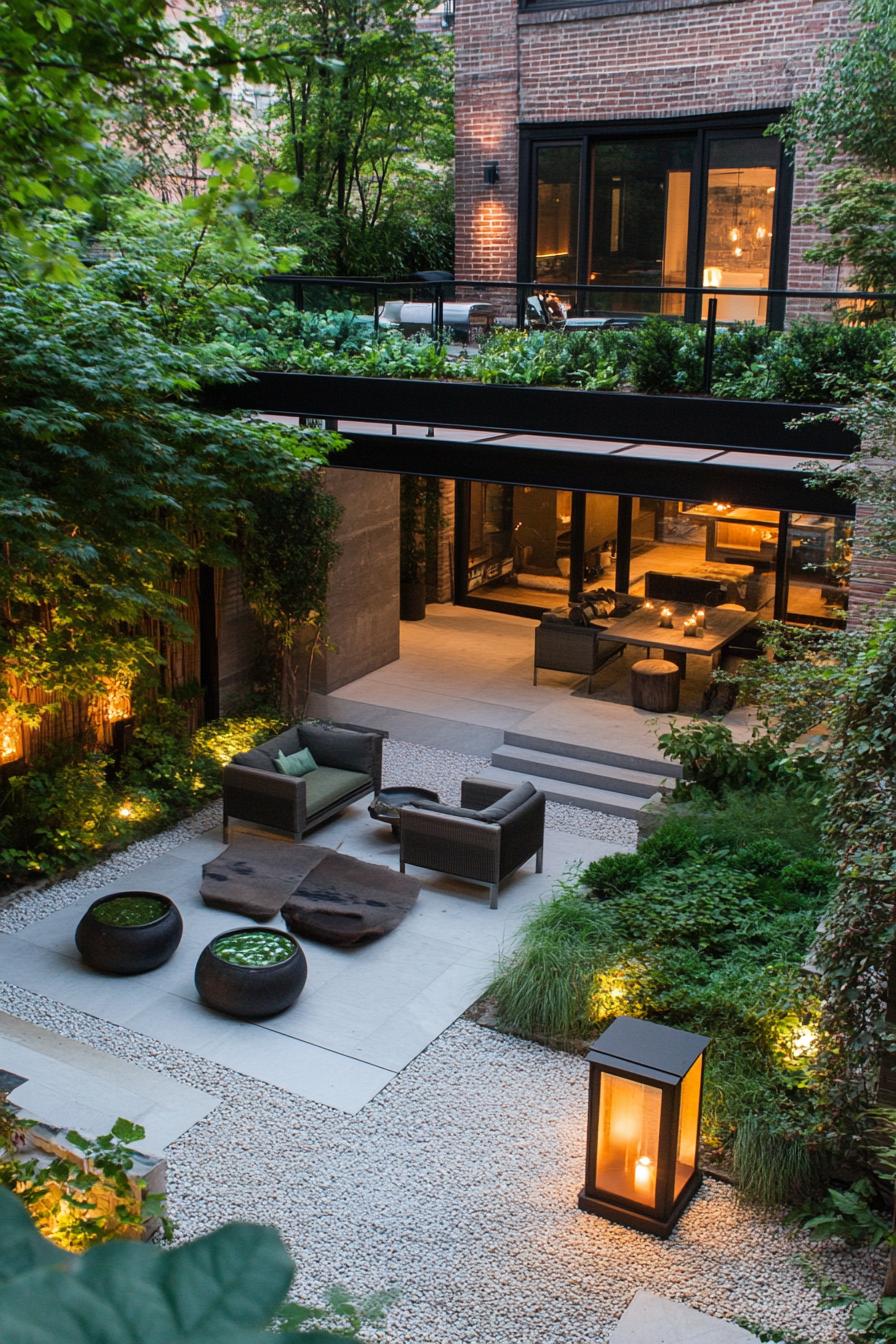 modern house with lush roof garden and Japanese lanterns and seating 2