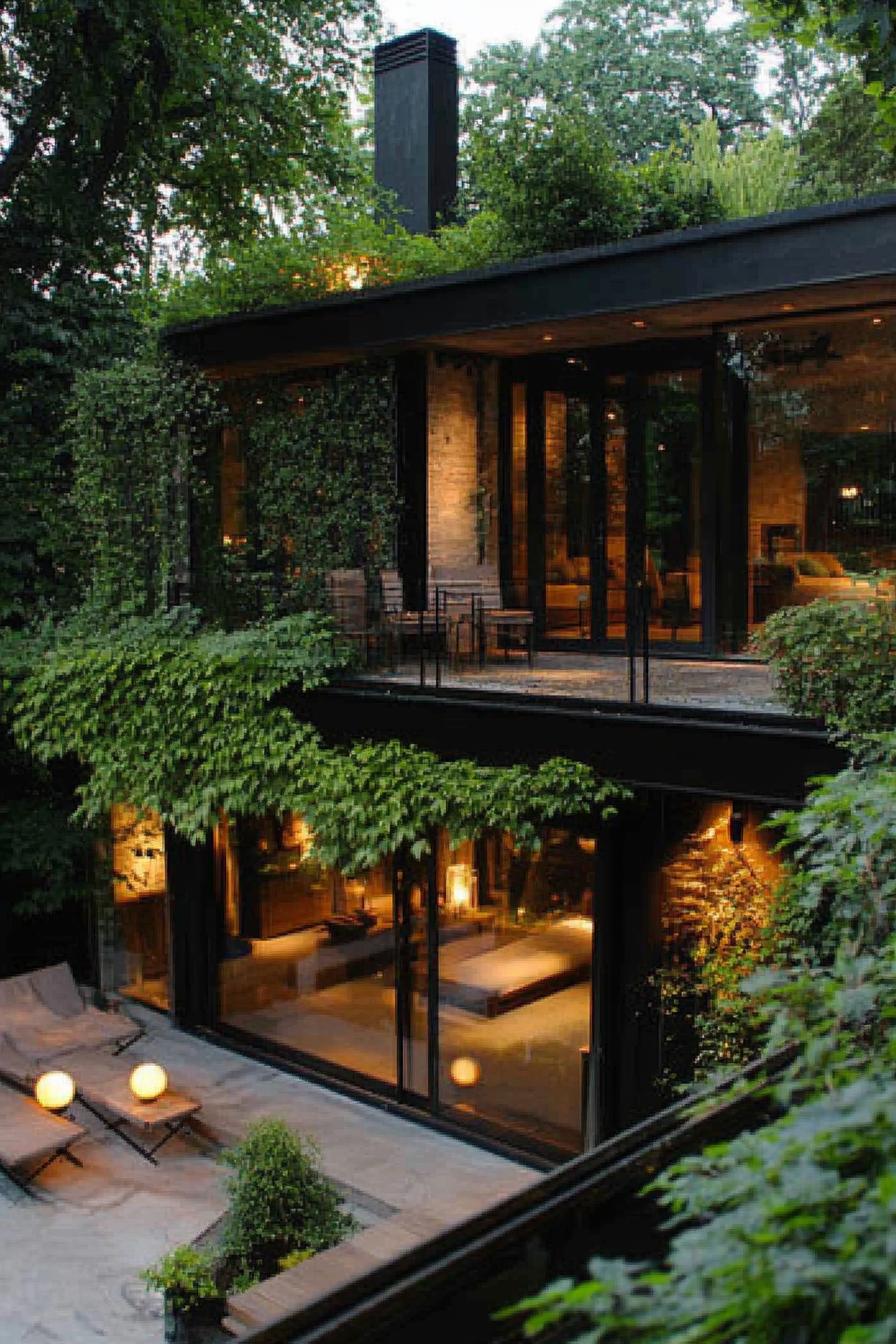 modern house with lush roof garden and Japanese lanterns and seating 3