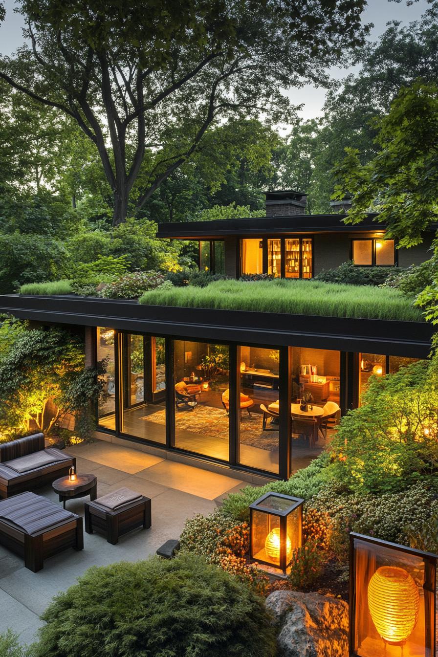 modern house with lush roof garden and Japanese lanterns and seating