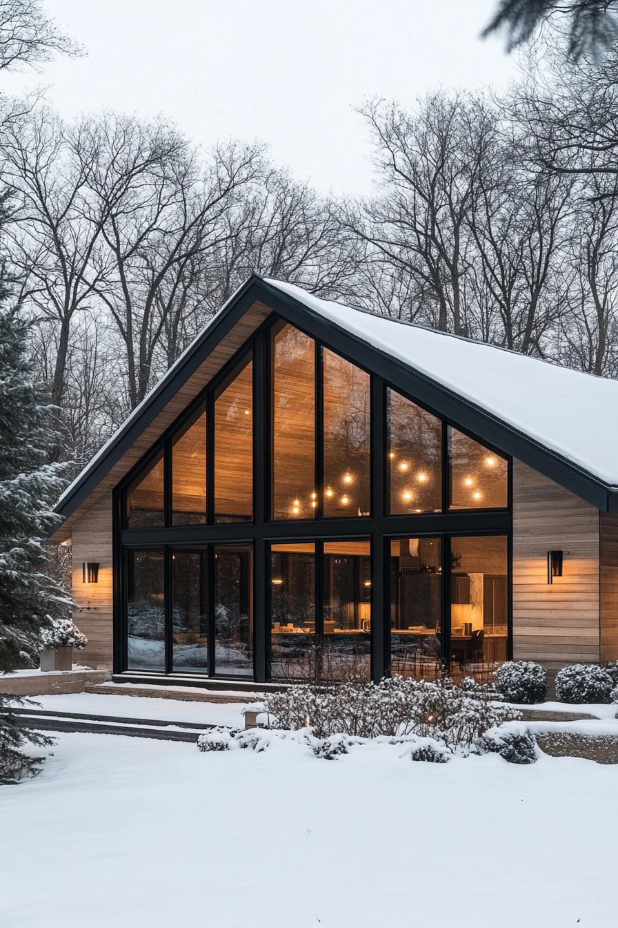 modern house with natural cedar shiplap exterior and full wall windows classic gable roof winter trees 1