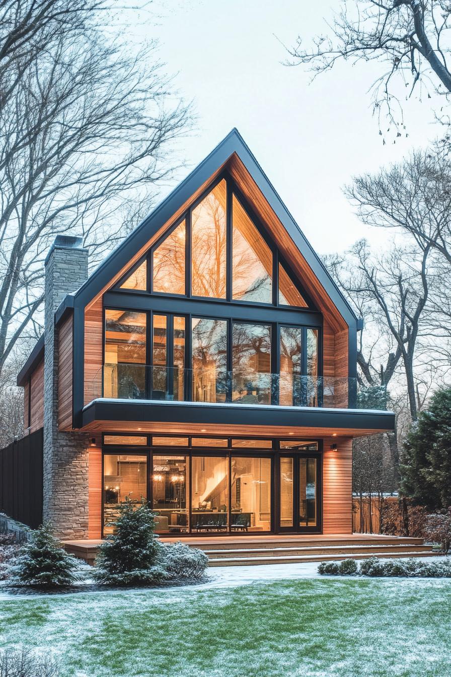 modern house with natural cedar shiplap exterior and full wall windows classic gable roof winter trees 2