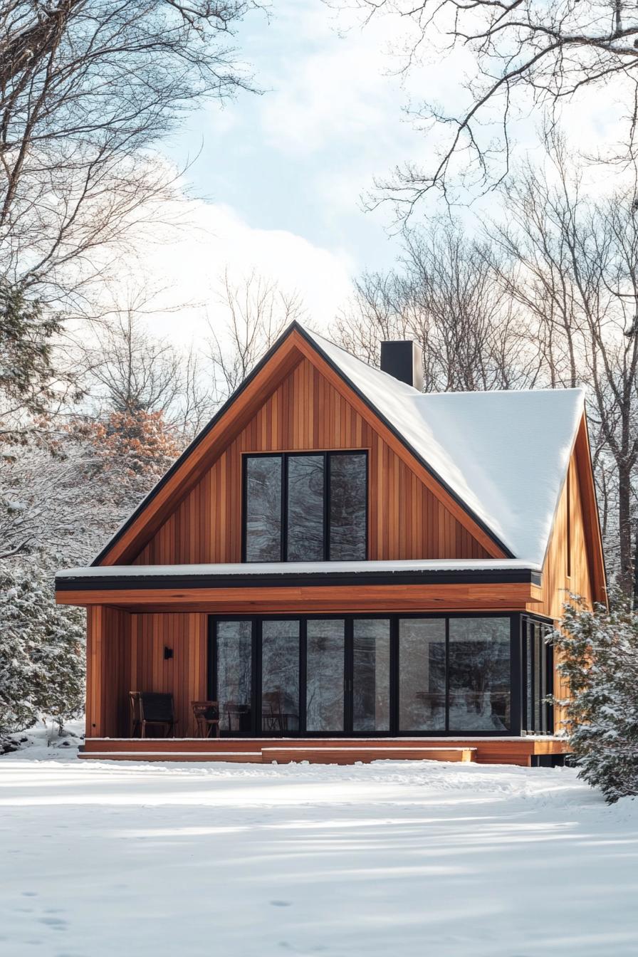 modern house with natural cedar shiplap exterior and full wall windows classic gable roof winter trees 3