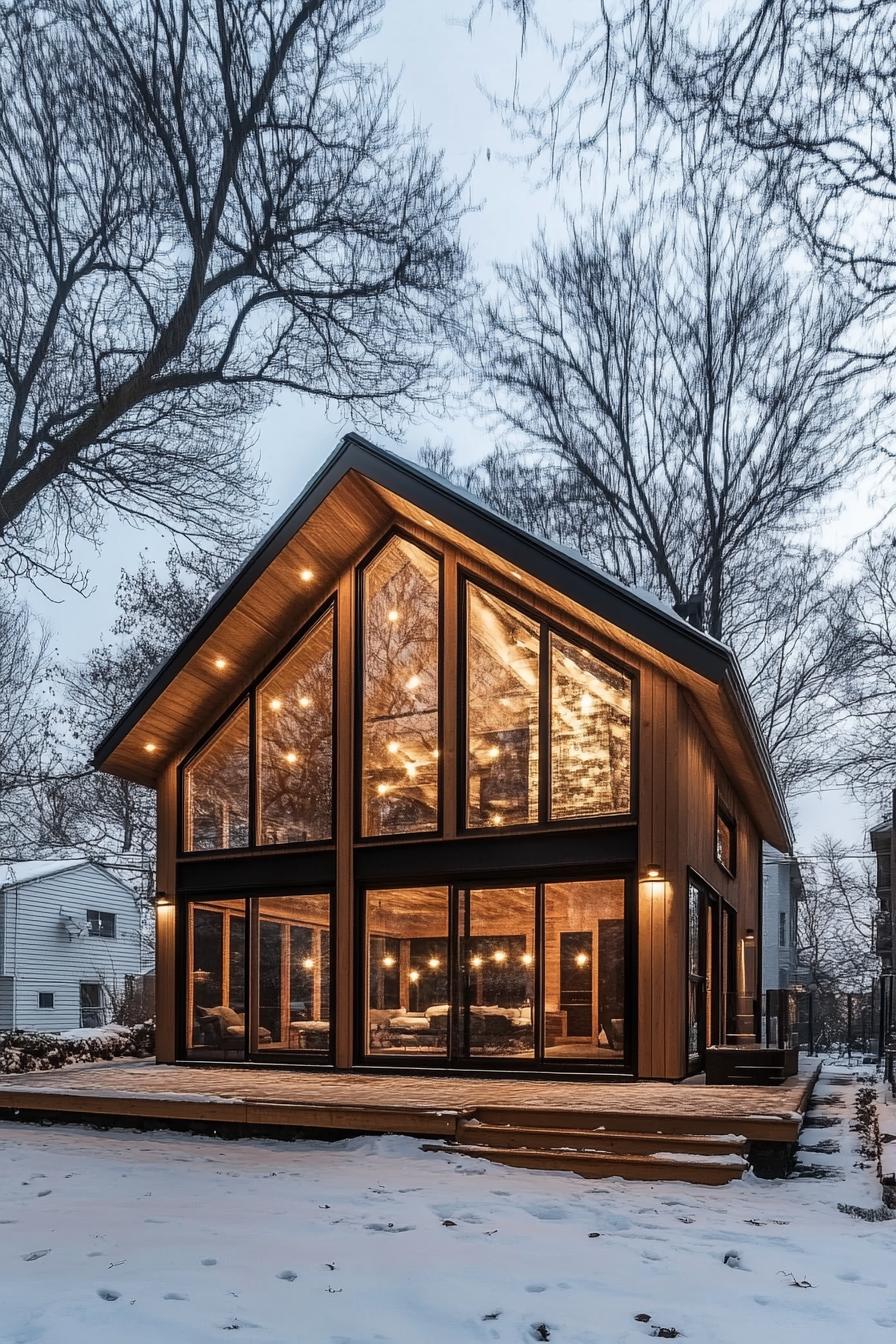 modern house with natural cedar shiplap exterior and full wall windows classic gable roof winter trees