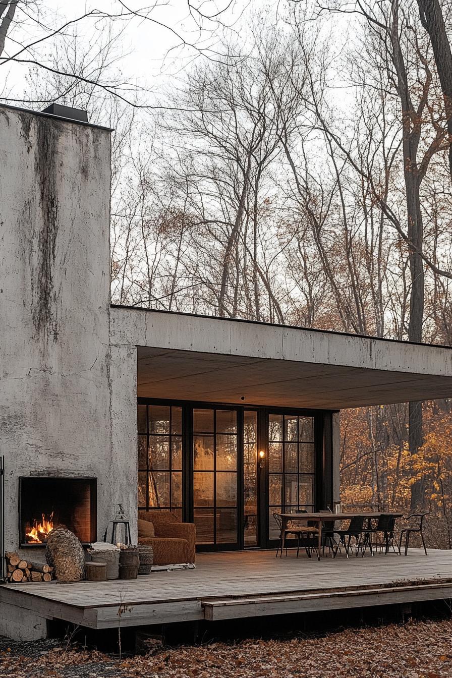 modern house with precast conrete facade built on an old factory with preserved chimney porch with cozy furniture leafless trees in the background in late autumn 1